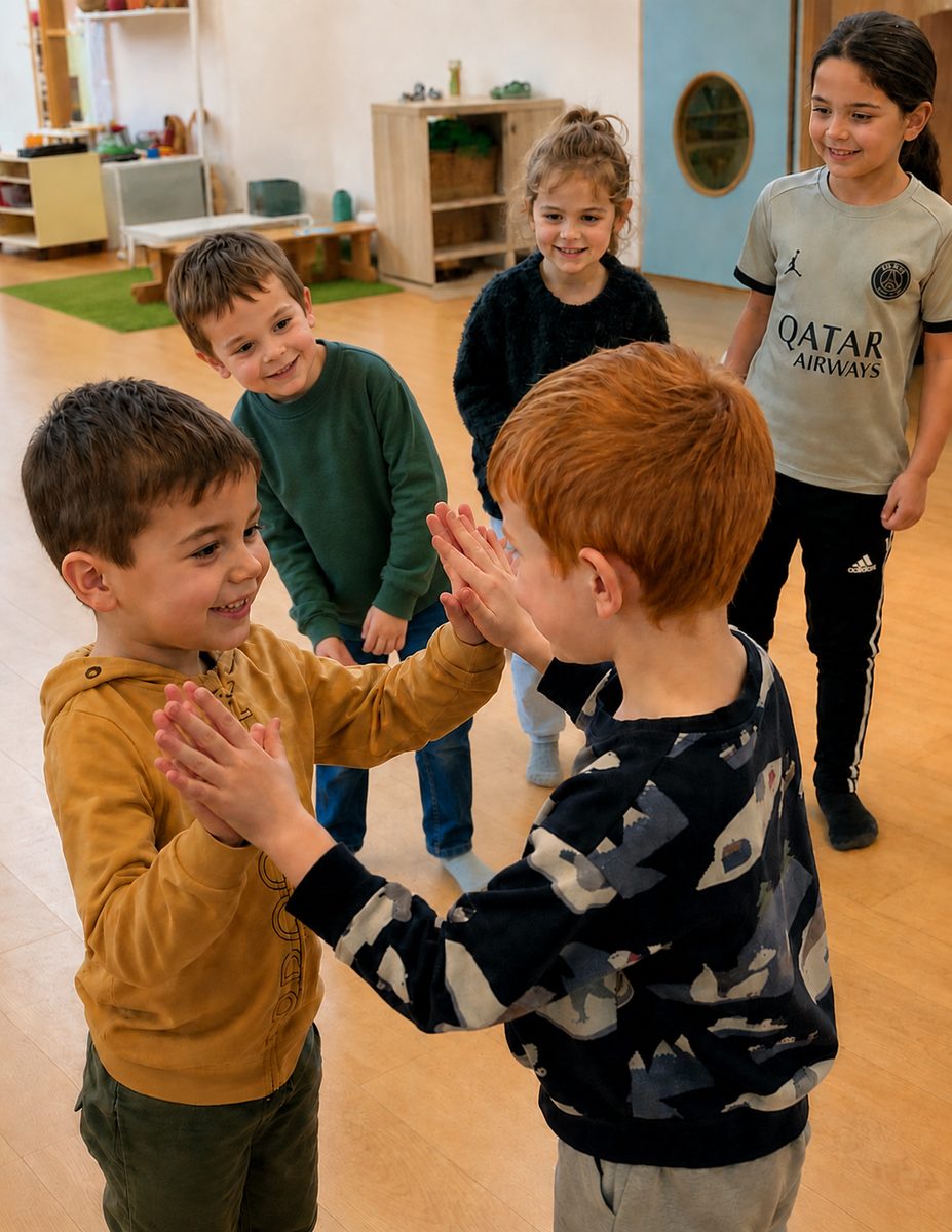 Barn i lek med händerna mot varandra